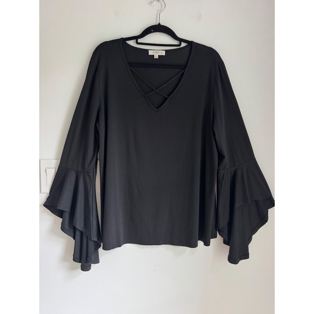 Umgee USA Black Crisscross V-Neck Tiered Ruffle Bell Sleeve Top XL